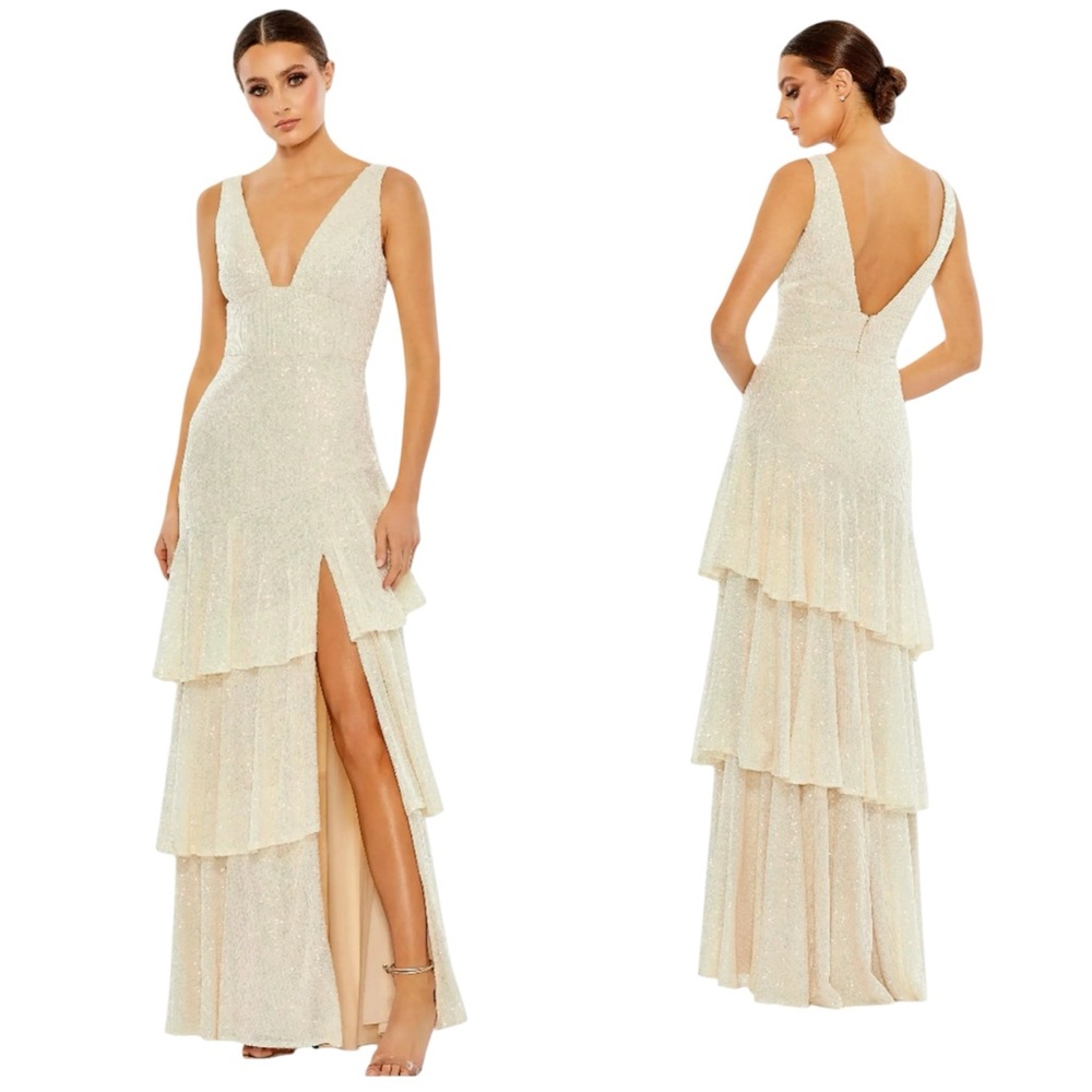 Ieena for Mac Duggal Iridescent Sequin Asymmetrical Ruffle Tiered Gown Size 6